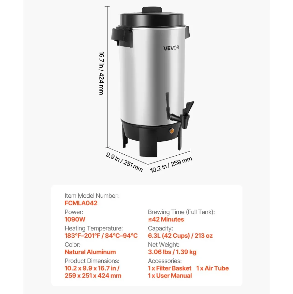 VEVOR Commercial Coffee Urn, 40 Cup 203oz Hot Beverage Dispenser with Dripless Faucet, 1090W Quick-Brewing Coffee Maker, Automatic Temperature Control, for Catering, Party, Church & Restaurant