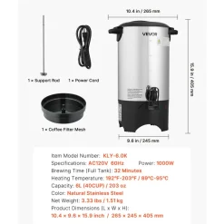 VEVOR Commercial Coffee Urn, 40 Cup 6 L Hot Beverage Dispenser with Dripless Faucet, Quick-Brewing Commercial Coffee Maker, with Stainless Steel Liner, for Catering, Business, Church & Restaurant
