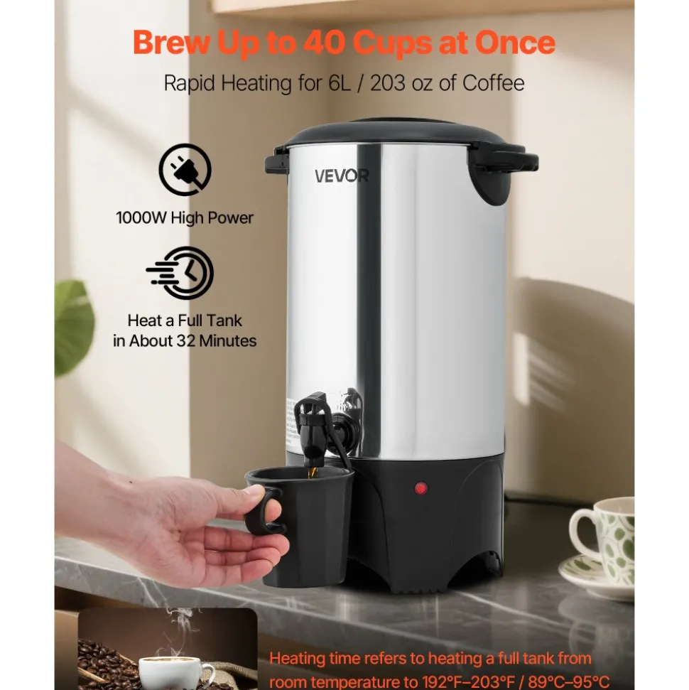 VEVOR Commercial Coffee Urn, 40 Cup 6 L Hot Beverage Dispenser with Dripless Faucet, Quick-Brewing Commercial Coffee Maker, with Stainless Steel Liner, for Catering, Business, Church & Restaurant
