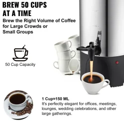 VEVOR Commercial Coffee Urn, 50 Cups Stainless Steel Large Coffee Dispenser, 1000W 110V Electric Coffee Maker Urn For Quick Brewing, Hot Water Urn with Detachable Power Cord for Easy Cleaning, Silver