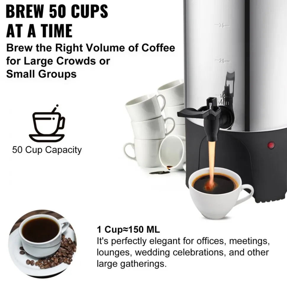 VEVOR Commercial Coffee Urn, 50 Cups Stainless Steel Large Coffee Dispenser, 1000W 110V Electric Coffee Maker Urn For Quick Brewing, Hot Water Urn with Detachable Power Cord for Easy Cleaning, Silver