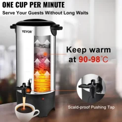 VEVOR Commercial Coffee Urn, 50 Cups Stainless Steel Large Coffee Dispenser, 1000W 110V Electric Coffee Maker Urn For Quick Brewing, Hot Water Urn with Detachable Power Cord for Easy Cleaning, Silver