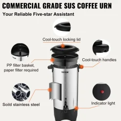 VEVOR Commercial Coffee Urn, 50 Cups Stainless Steel Large Coffee Dispenser, 1000W 110V Electric Coffee Maker Urn For Quick Brewing, Hot Water Urn with Detachable Power Cord for Easy Cleaning, Silver