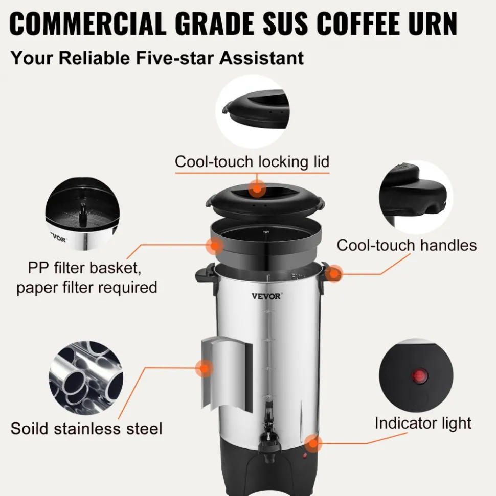 VEVOR Commercial Coffee Urn, 50 Cups Stainless Steel Large Coffee Dispenser, 1000W 110V Electric Coffee Maker Urn For Quick Brewing, Hot Water Urn with Detachable Power Cord for Easy Cleaning, Silver