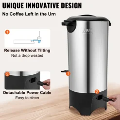 VEVOR Commercial Coffee Urn, 50 Cups Stainless Steel Large Coffee Dispenser, 1000W 110V Electric Coffee Maker Urn For Quick Brewing, Hot Water Urn with Detachable Power Cord for Easy Cleaning, Silver