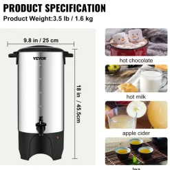 VEVOR Commercial Coffee Urn, 50 Cups Stainless Steel Large Coffee Dispenser, 1000W 110V Electric Coffee Maker Urn For Quick Brewing, Hot Water Urn with Detachable Power Cord for Easy Cleaning, Silver
