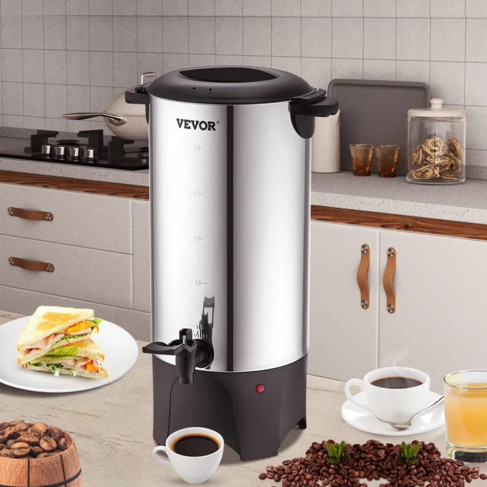 VEVOR Commercial Coffee Urn, 50 Cups Stainless Steel Large Coffee Dispenser, 1000W 110V Electric Coffee Maker Urn For Quick Brewing, Hot Water Urn with Detachable Power Cord for Easy Cleaning, Silver