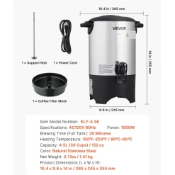 VEVOR Commercial Coffee Urn, 30 Cup 4.5 L Hot Beverage Dispenser with Dripless Faucet, Quick-Brewing Commercial Coffee Maker with Stainless Steel Liner, for Catering, Business, Church & Restaurant