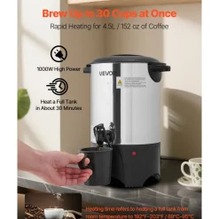 VEVOR Commercial Coffee Urn, 30 Cup 4.5 L Hot Beverage Dispenser with Dripless Faucet, Quick-Brewing Commercial Coffee Maker with Stainless Steel Liner, for Catering, Business, Church & Restaurant