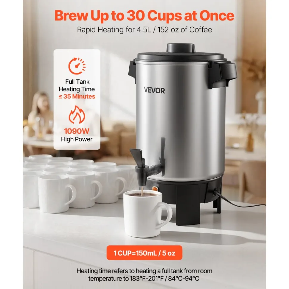 VEVOR Commercial Coffee Urn, 30 Cup 152oz Hot Beverage Dispenser with Dripless Faucet, 1090W Quick-Brewing Coffee Maker, Automatic Temperature Control, for Catering, Party, Church & Restaurant