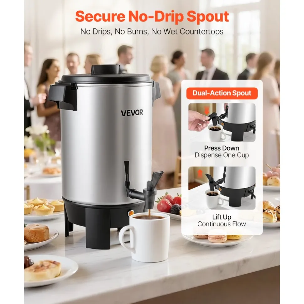 VEVOR Commercial Coffee Urn, 30 Cup 152oz Hot Beverage Dispenser with Dripless Faucet, 1090W Quick-Brewing Coffee Maker, Automatic Temperature Control, for Catering, Party, Church & Restaurant