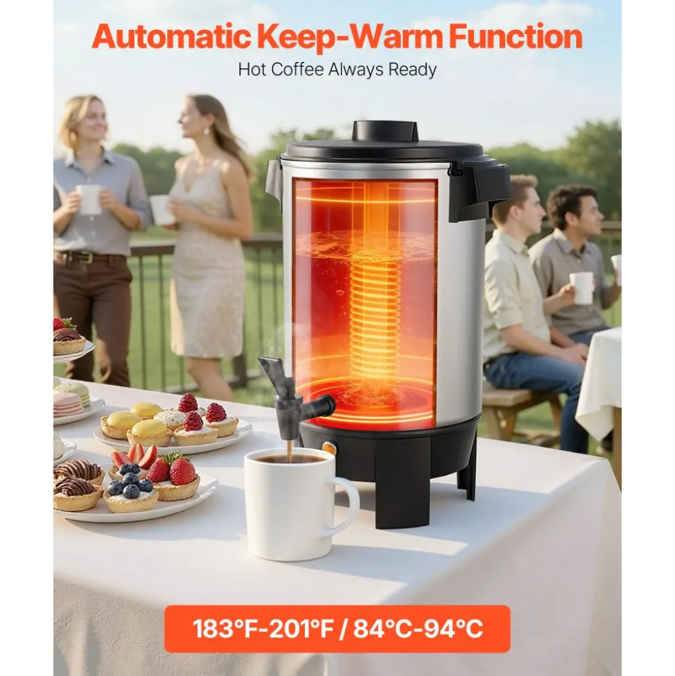 VEVOR Commercial Coffee Urn, 30 Cup 152oz Hot Beverage Dispenser with Dripless Faucet, 1090W Quick-Brewing Coffee Maker, Automatic Temperature Control, for Catering, Party, Church & Restaurant