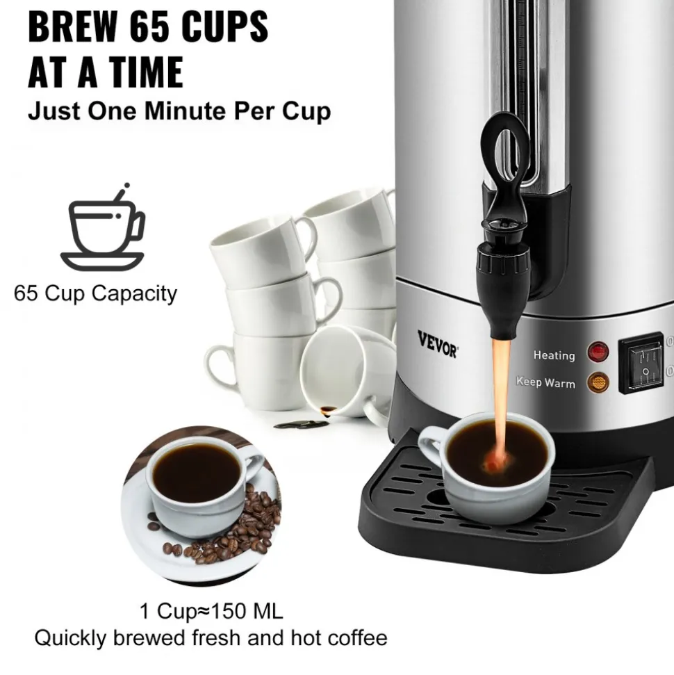 VEVOR Commercial Coffee Urn, 65 Cups Stainless Steel Large Coffee Dispenser, 1500W 110V Electric Coffee Maker Urn For Quick Brewing, Hot Water Urn with Detachable Power Cord for Easy Cleaning, Silver