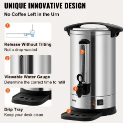 VEVOR Commercial Coffee Urn, 65 Cups Stainless Steel Large Coffee Dispenser, 1500W 110V Electric Coffee Maker Urn For Quick Brewing, Hot Water Urn with Detachable Power Cord for Easy Cleaning, Silver