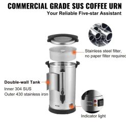 VEVOR Commercial Coffee Urn, 65 Cups Stainless Steel Large Coffee Dispenser, 1500W 110V Electric Coffee Maker Urn For Quick Brewing, Hot Water Urn with Detachable Power Cord for Easy Cleaning, Silver