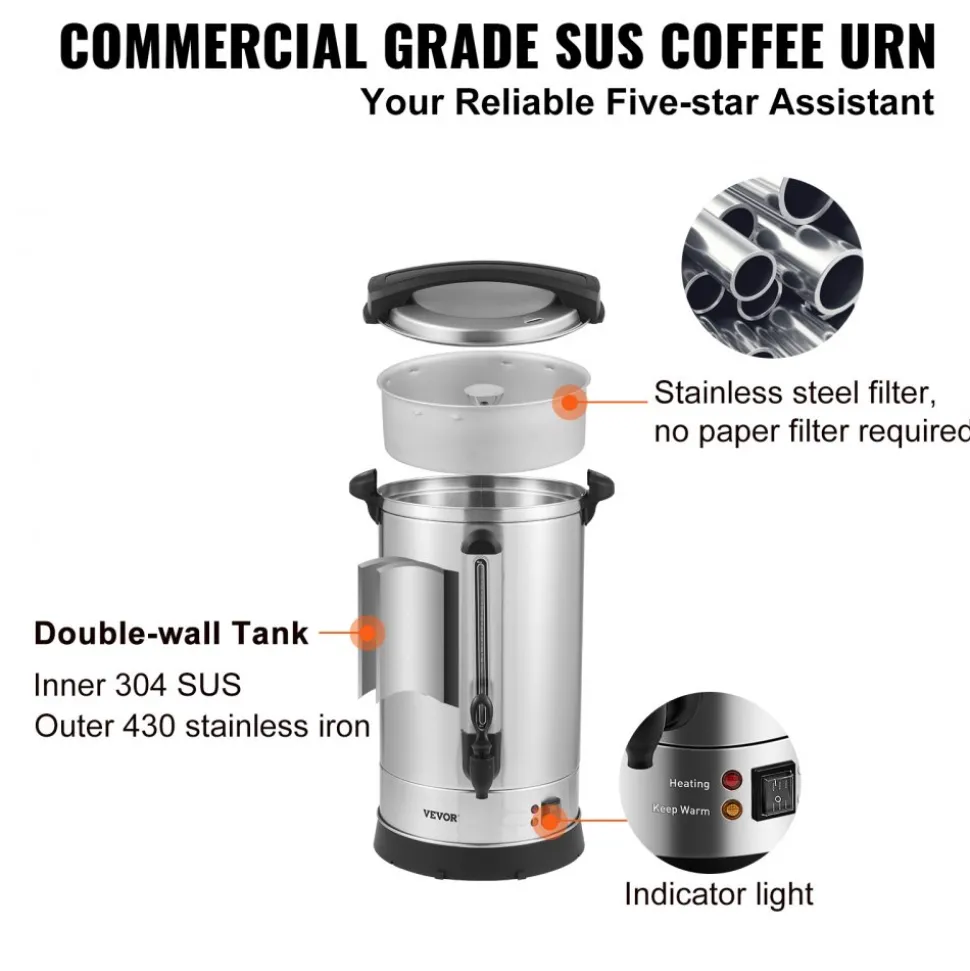 VEVOR Commercial Coffee Urn, 65 Cups Stainless Steel Large Coffee Dispenser, 1500W 110V Electric Coffee Maker Urn For Quick Brewing, Hot Water Urn with Detachable Power Cord for Easy Cleaning, Silver