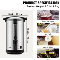 VEVOR Commercial Coffee Urn, 65 Cups Stainless Steel Large Coffee Dispenser, 1500W 110V Electric Coffee Maker Urn For Quick Brewing, Hot Water Urn with Detachable Power Cord for Easy Cleaning, Silver
