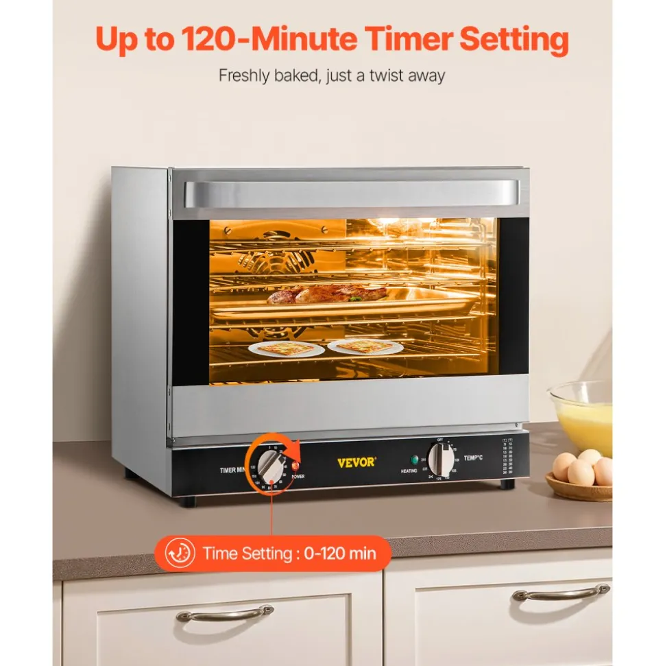 VEVOR Commercial Convection Oven, 66L/60Qt, Half-Size Conventional Oven Countertop, 1800W 4-Tier Toaster w/Front Glass Door, Electric Baking Oven with Tray & Wire Racks (120V, 5-15P Plug & Outlet)