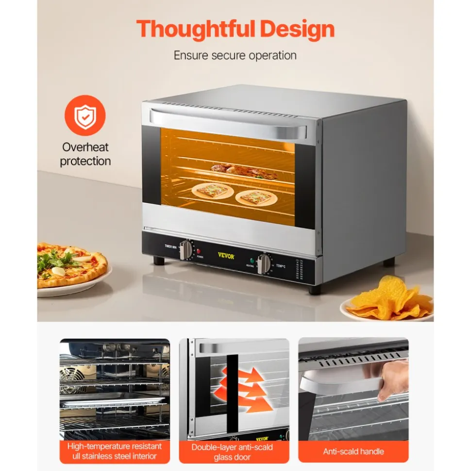 VEVOR Commercial Convection Oven, 66L/60Qt, Half-Size Conventional Oven Countertop, 1800W 4-Tier Toaster w/Front Glass Door, Electric Baking Oven with Tray & Wire Racks (120V, 5-15P Plug & Outlet)