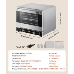 VEVOR Commercial Convection Oven, 66L/60Qt, Half-Size Conventional Oven Countertop, 1800W 4-Tier Toaster w/Front Glass Door, Electric Baking Oven with Tray & Wire Racks (120V, 5-15P Plug & Outlet)