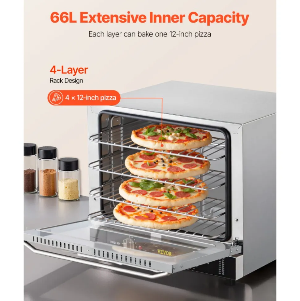 VEVOR Commercial Convection Oven, 66L/60Qt, Half-Size Conventional Oven Countertop, 1800W 4-Tier Toaster w/Front Glass Door, Electric Baking Oven with Tray & Wire Racks (120V, 5-15P Plug & Outlet)