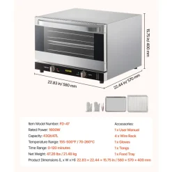 VEVOR Commercial Convection Oven, 47L/43Qt, Half-Size Conventional Oven Countertop, 1600W 4-Tier Toaster with Front Glass Door, Electric Baking Oven with Trays Wire Racks Clip Gloves, 120V, ETL Listed