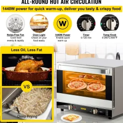 VEVOR Commercial Convection Oven, 21L/19Qt, Quarter-Size Conventional Oven Countertop, 1440W 3-Tier Toaster with Front Glass Door, Electric Baking Oven with Trays Wire Racks Clip Gloves, 120V, ETL Lis