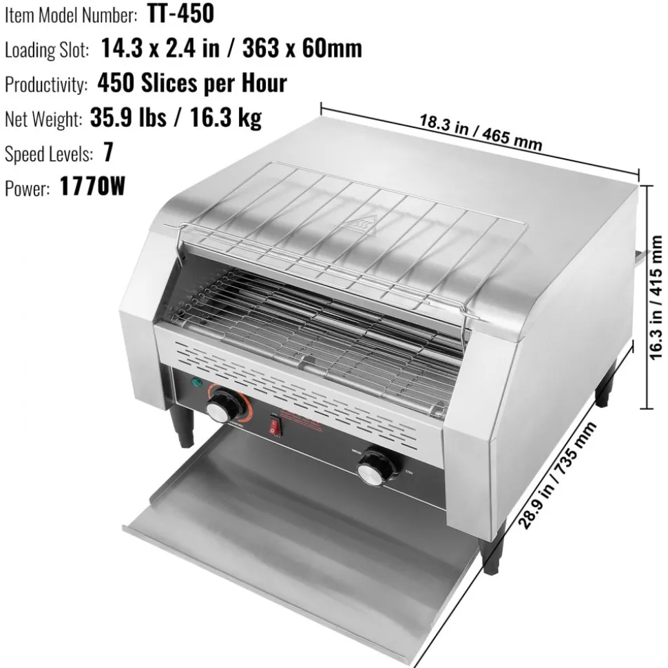 VEVOR Commercial Conveyor Toaster, 450 Slices/Hour Conveyor Belt Toaster, Heavy Duty Stainless Steel Commercial Toaster Oven, Electric Restaurant Commercial Toaster for Toast Bun, Bagel, Bread
