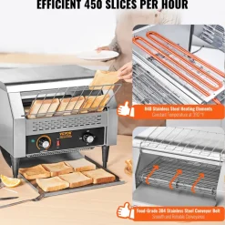 VEVOR Commercial Conveyor Toaster, 450 Slices/Hour Conveyor Belt Toaster, Heavy Duty Stainless Steel Commercial Toaster Oven, Electric Restaurant Commercial Toaster for Toast Bun, Bagel, Bread