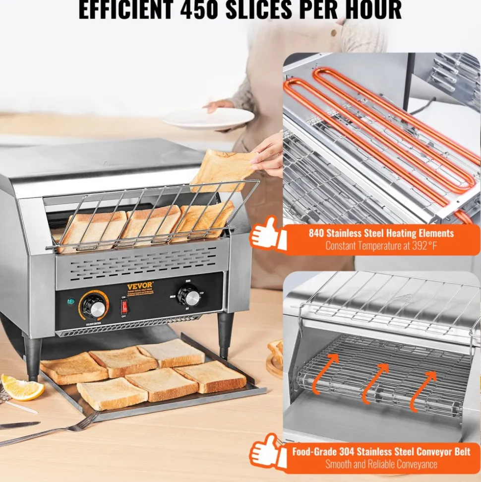 VEVOR Commercial Conveyor Toaster, 450 Slices/Hour Conveyor Belt Toaster, Heavy Duty Stainless Steel Commercial Toaster Oven, Electric Restaurant Commercial Toaster for Toast Bun, Bagel, Bread