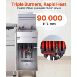 VEVOR Commercial Deep Fryer, 3-Burner Fryer for Restaurants, Stainless Steel Floor Standing Deep Fryers with Dual Baskets and Adjustable Temperature, Natural Gas Powered, 40 lbs Capacity, 90,000 BTU