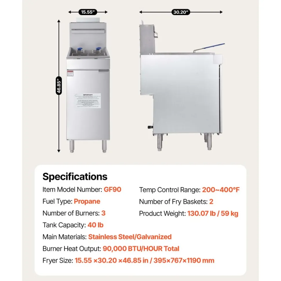 VEVOR Commercial Deep Fryer, 3-Burner Fryer for Restaurants, Stainless Steel Floor Standing Deep Fryers with Dual Baskets and Adjustable Temperature, Propane Powered, 40 lbs Capacity, 90,000 BTU