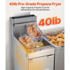 VEVOR Commercial Deep Fryer, 3-Burner Fryer for Restaurants, Stainless Steel Floor Standing Deep Fryers with Dual Baskets and Adjustable Temperature, Propane Powered, 40 lbs Capacity, 90,000 BTU
