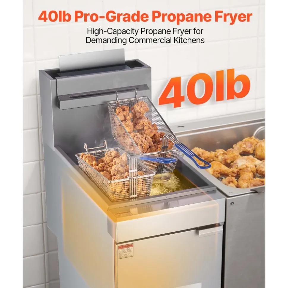 VEVOR Commercial Deep Fryer, 3-Burner Fryer for Restaurants, Stainless Steel Floor Standing Deep Fryers with Dual Baskets and Adjustable Temperature, Propane Powered, 40 lbs Capacity, 90,000 BTU
