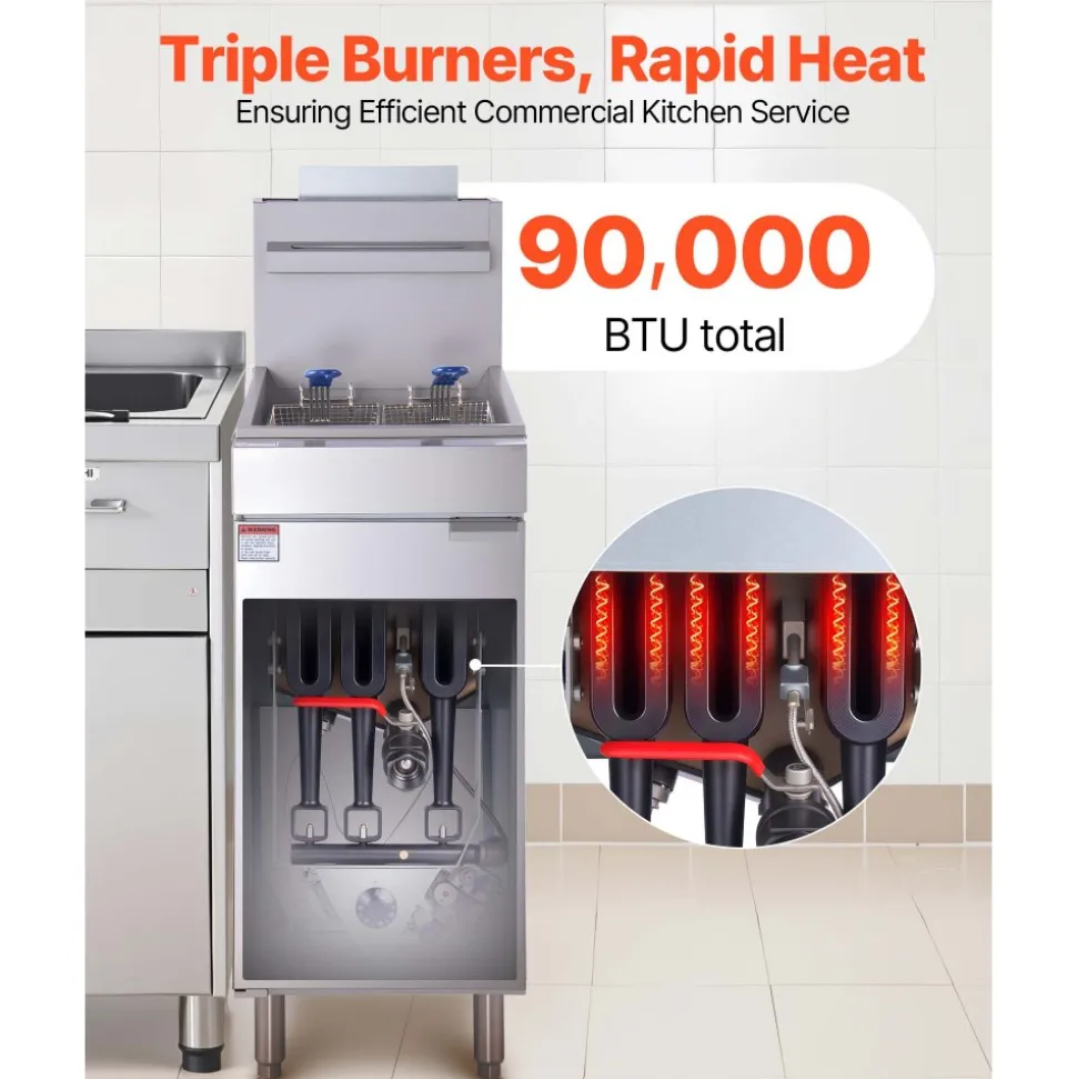 VEVOR Commercial Deep Fryer, 3-Burner Fryer for Restaurants, Stainless Steel Floor Standing Deep Fryers with Dual Baskets and Adjustable Temperature, Propane Powered, 40 lbs Capacity, 90,000 BTU