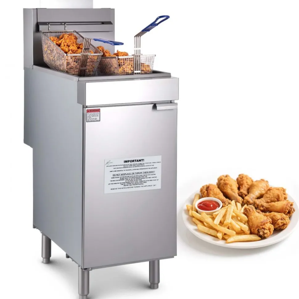 VEVOR Commercial Deep Fryer, 3-Burner Fryer for Restaurants, Stainless Steel Floor Standing Deep Fryers with Dual Baskets and Adjustable Temperature, Propane Powered, 40 lbs Capacity, 90,000 BTU