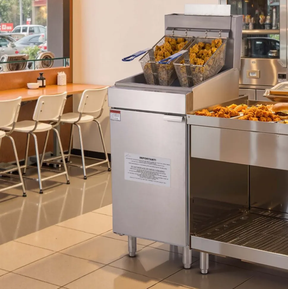 VEVOR Commercial Deep Fryer, 3-Burner Fryer for Restaurants, Stainless Steel Floor Standing Deep Fryers with Dual Baskets and Adjustable Temperature, Propane Powered, 40 lbs Capacity, 90,000 BTU