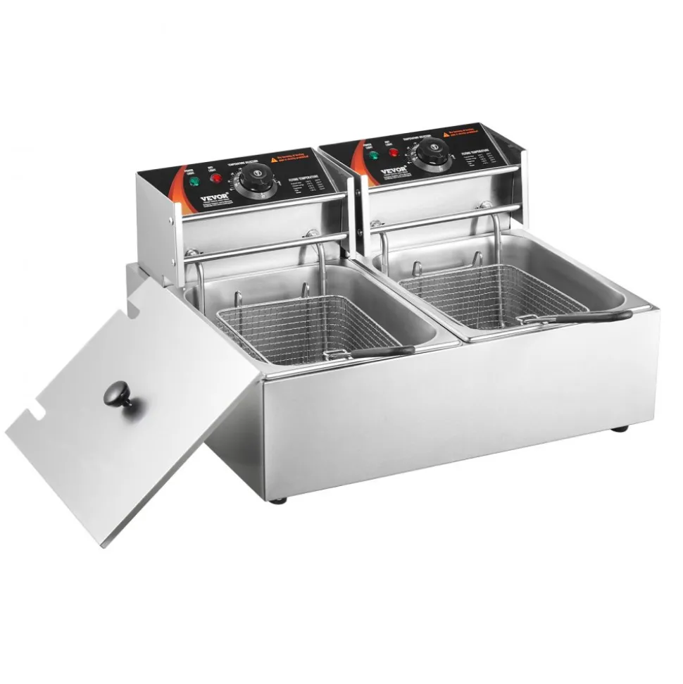 VEVOR Commercial Deep Fryer, Dual Tank 3000W Electric Countertop Fryer with Basket, 2 x 9.1Qt/8.6L Double Stainless Steel Oil Fryer, with Temp Control & Overheat Protection, for Kitchen Restaurant Use