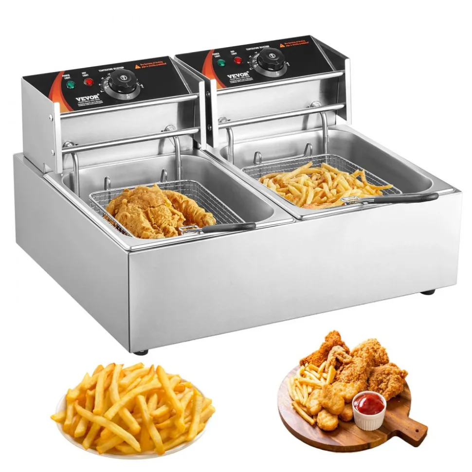 VEVOR Commercial Deep Fryer, Dual Tank 3000W Electric Countertop Fryer with Basket, 2 x 9.1Qt/8.6L Double Stainless Steel Oil Fryer, with Temp Control & Overheat Protection, for Kitchen Restaurant Use