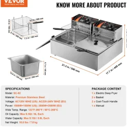 VEVOR Commercial Deep Fryer, Dual Tank 3000W Electric Countertop Fryer with Basket, 2 x 9.1Qt/8.6L Double Stainless Steel Oil Fryer, with Temp Control & Overheat Protection, for Kitchen Restaurant Use