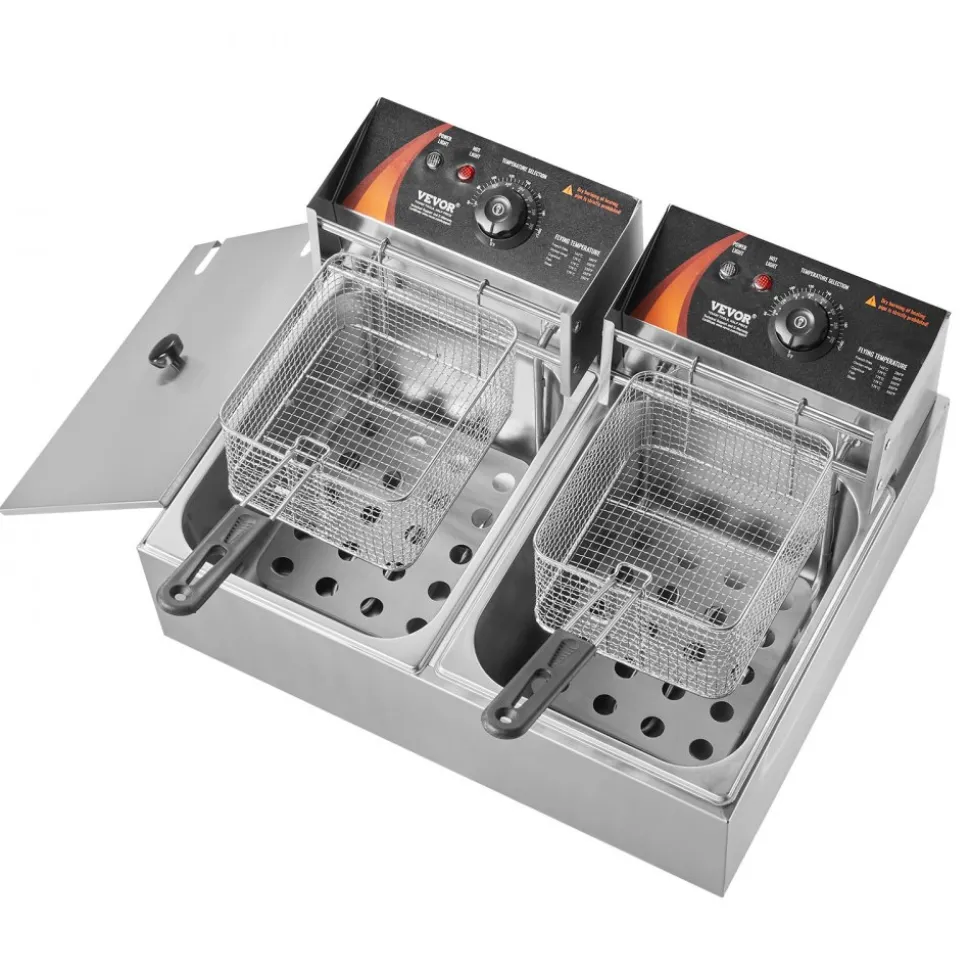 VEVOR Commercial Deep Fryer, Dual Tank 3000W Electric Countertop Fryer with Basket, 2 x 9.1Qt/8.6L Double Stainless Steel Oil Fryer, with Temp Control & Overheat Protection, for Kitchen Restaurant Use