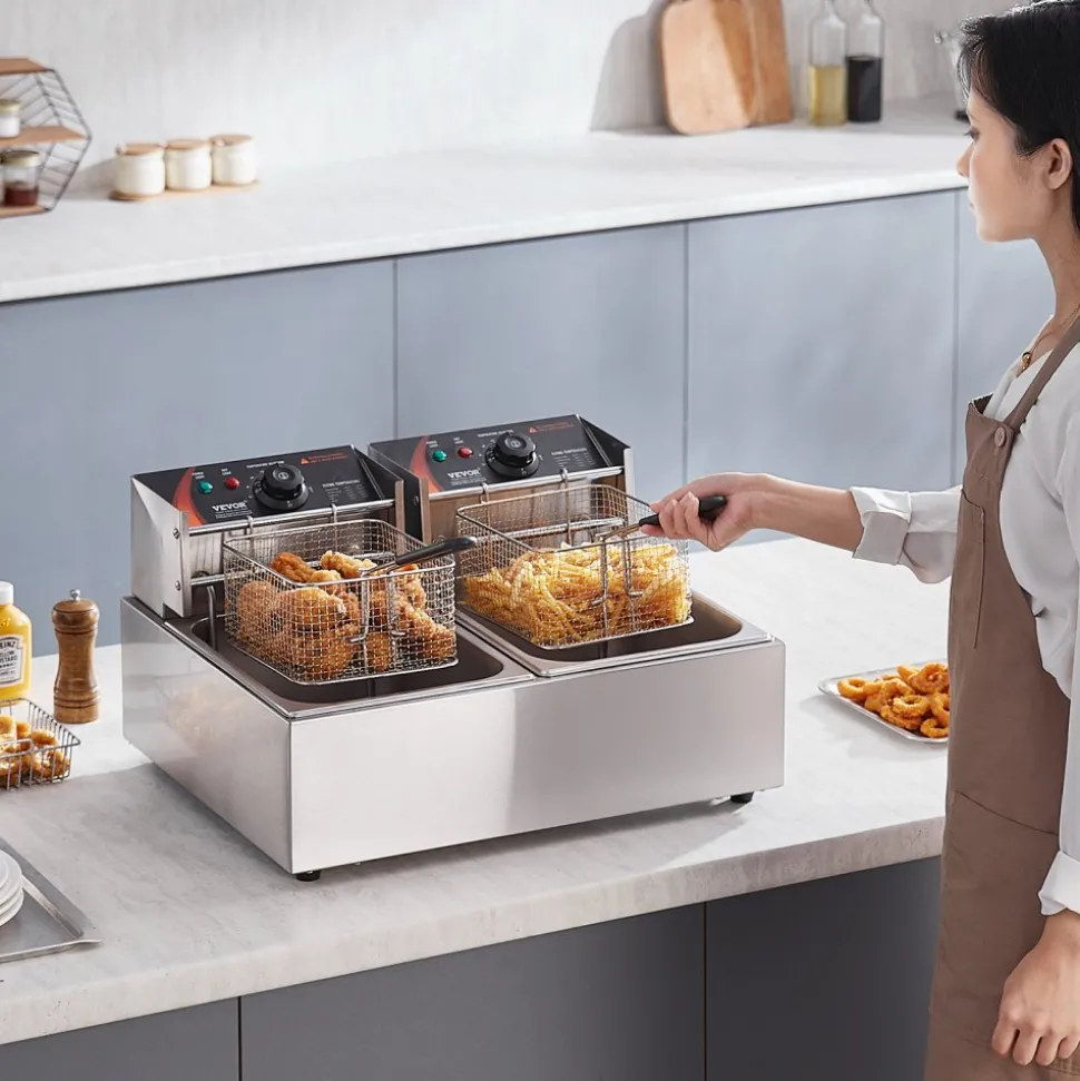VEVOR Commercial Deep Fryer, Dual Tank 3000W Electric Countertop Fryer with Basket, 2 x 9.1Qt/8.6L Double Stainless Steel Oil Fryer, with Temp Control & Overheat Protection, for Kitchen Restaurant Use
