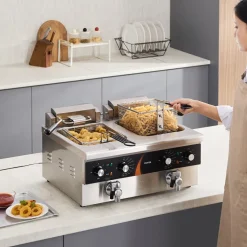 VEVOR Commercial Deep Fryer, Dual Tank 3500W Electric Countertop Fryer, 2 x 9Qt / 8.5L Double Oil Fryer with 2 Baskets, 1mm Thickened Stainless Steel, Time & Temp Control, for Kitchen Restaurant Use