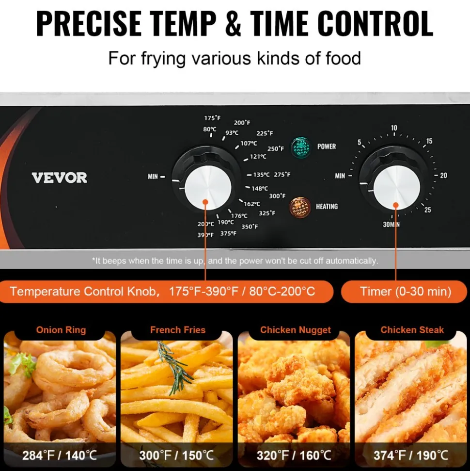 VEVOR Commercial Deep Fryer, Dual Tank 3500W Electric Countertop Fryer, 2 x 9Qt / 8.5L Double Oil Fryer with 2 Baskets, 1mm Thickened Stainless Steel, Time & Temp Control, for Kitchen Restaurant Use