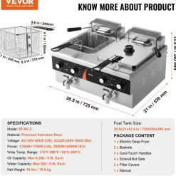 VEVOR Commercial Deep Fryer, Dual Tank 3500W Electric Countertop Fryer, 2 x 9Qt / 8.5L Double Oil Fryer with 2 Baskets, 1mm Thickened Stainless Steel, Time & Temp Control, for Kitchen Restaurant Use