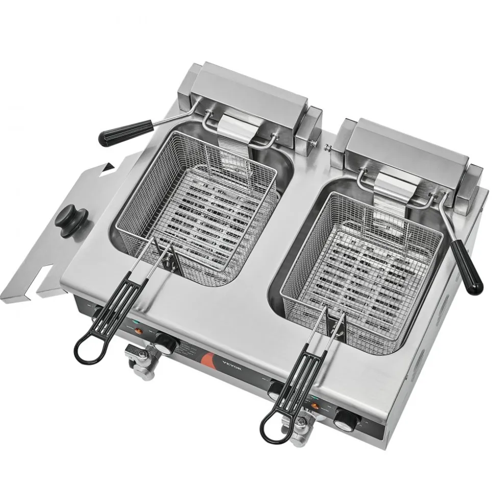 VEVOR Commercial Deep Fryer, Dual Tank 3500W Electric Countertop Fryer, 2 x 9Qt / 8.5L Double Oil Fryer with 2 Baskets, 1mm Thickened Stainless Steel, Time & Temp Control, for Kitchen Restaurant Use