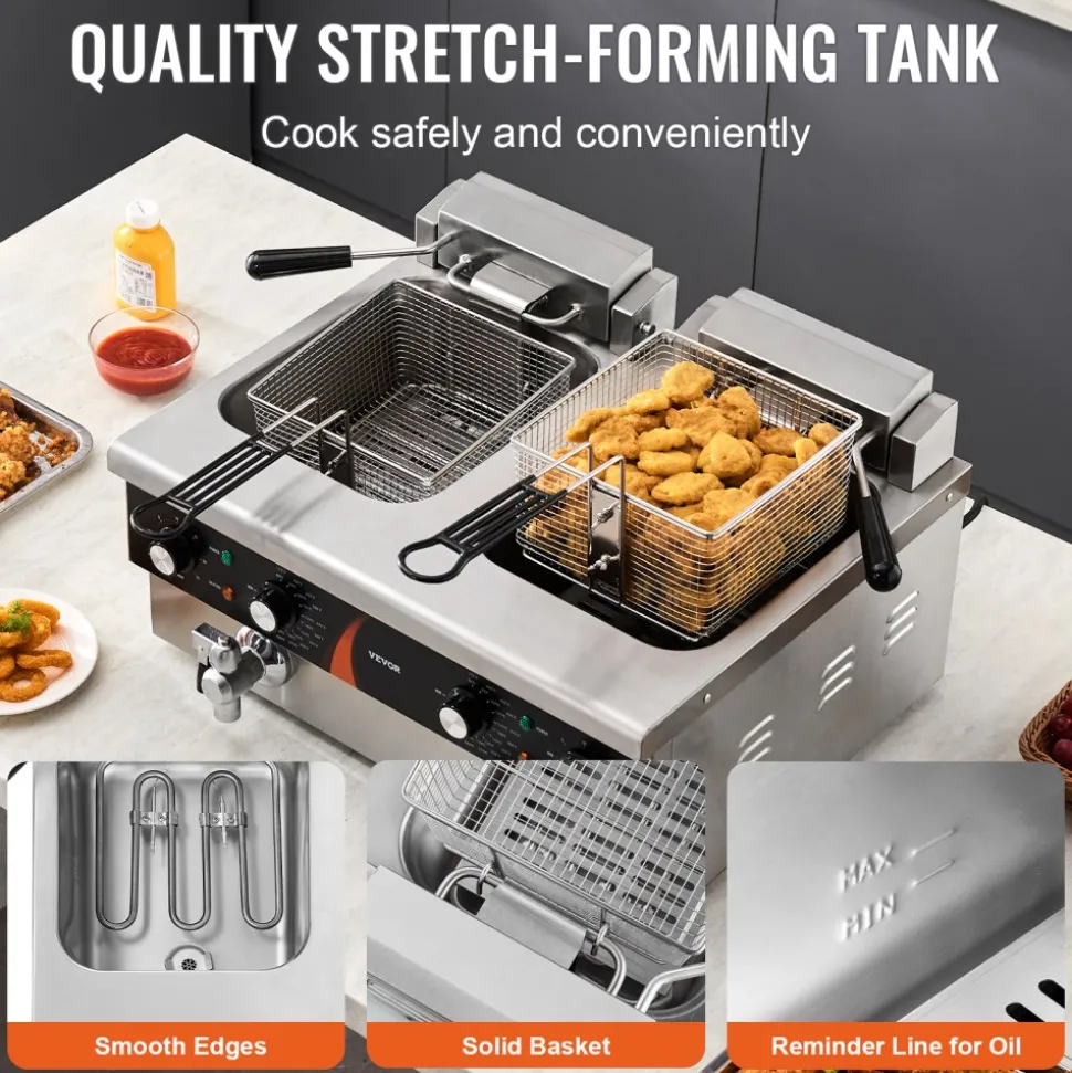 VEVOR Commercial Deep Fryer, Dual Tank 3500W Electric Countertop Fryer, 2 x 9Qt / 8.5L Double Oil Fryer with 2 Baskets, 1mm Thickened Stainless Steel, Time & Temp Control, for Kitchen Restaurant Use
