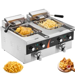 VEVOR Commercial Deep Fryer, Dual Tank 3500W Electric Countertop Fryer, 2 x 9Qt / 8.5L Double Oil Fryer with 2 Baskets, 1mm Thickened Stainless Steel, Time & Temp Control, for Kitchen Restaurant Use