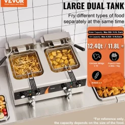 VEVOR Commercial Deep Fryer, Dual Tank 3500W Electric Countertop Fryer, 2 x 9Qt / 8.5L Double Oil Fryer with 2 Baskets, 1mm Thickened Stainless Steel, Time & Temp Control, for Kitchen Restaurant Use