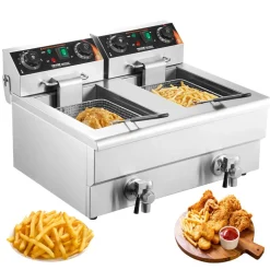 VEVOR Commercial Deep Fryer, Dual Tank 3000W Electric Countertop Fryer with Basket, 2 x 11.6Qt/11L Double Stainless Steel Oil Fryer with Oil Filtration, Time & Temp Control, for Kitchen Restaurant Use
